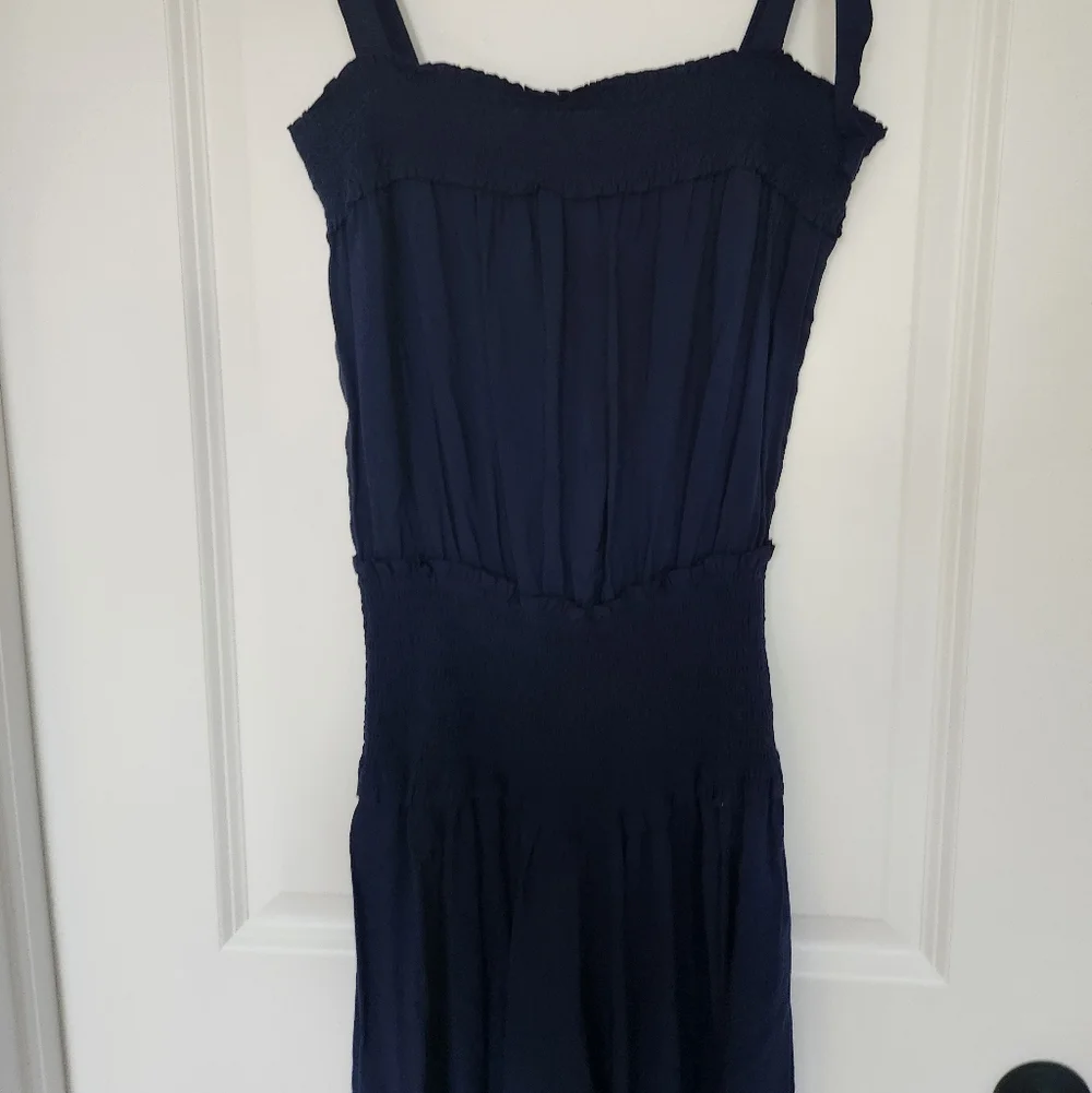 Tory Burch Smocked Tie Shoulder Wide Leg Jumpsuit Resort Flowy Navy Blue XS